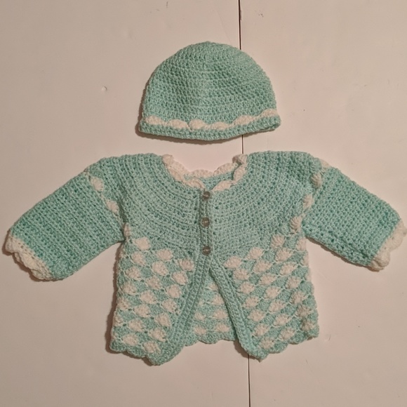 Grandma Made Crochet Sweater & Hat 0 -3 M Mint - Picture 1 of 8